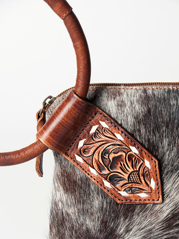 ADBGZ335 Black & White Cowhide Wristlet - Hair-On Hide Clutch with Tooled Leather Detail