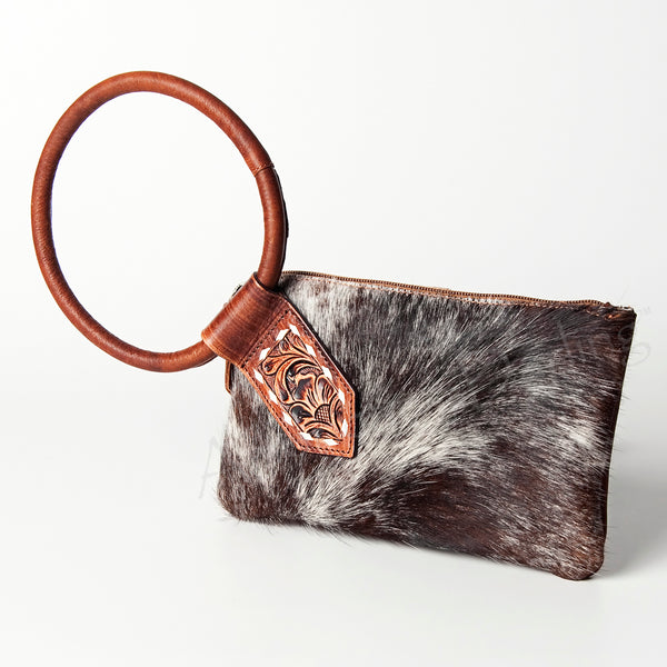 ADBGZ335 Black & White Cowhide Wristlet - Hair-On Hide Clutch with Tooled Leather Detail