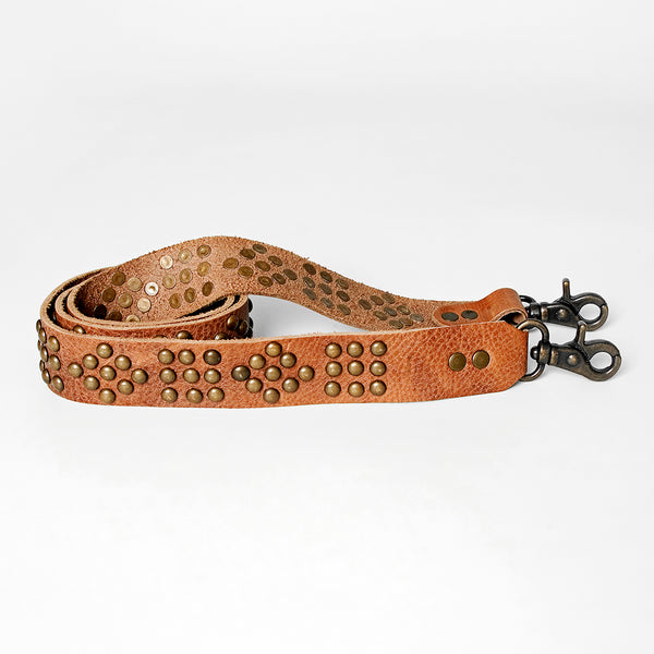 LC-ADBT135 Western Tan Leather Bag Strap with Brass Diamond Studs - Rustic Handcrafted Replacement