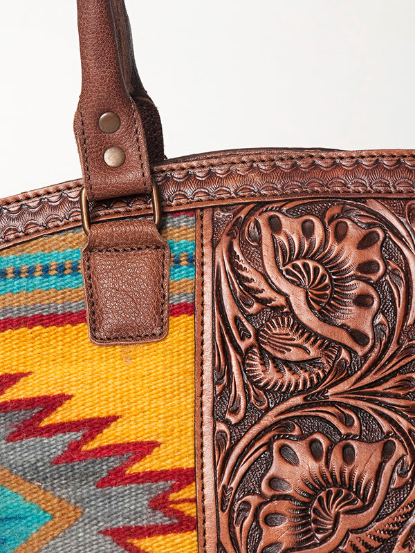 ADBG772 American Darling Southwestern Rug Tooled Leather Tote Bag Western Woven Shoulder Purse