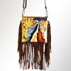 ADBGM229 Hand-Painted Leather Fringe Large Crossbody Bag - Bold Abstract Horse with Feathers