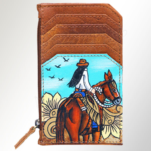 ADCCM101 Hand-Painted Leather Card Holder - Western Scene with Zipper