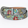 LC-ADBLF127 Hand-Tooled Leather Belt - Multicolor Flowers on Gray with Western Buckle