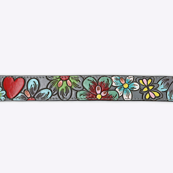 LC-ADBLF127 Hand-Tooled Leather Belt - Multicolor Flowers on Gray with Western Buckle