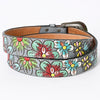 LC-ADBLF127 Hand-Tooled Leather Belt - Multicolor Flowers on Gray with Western Buckle