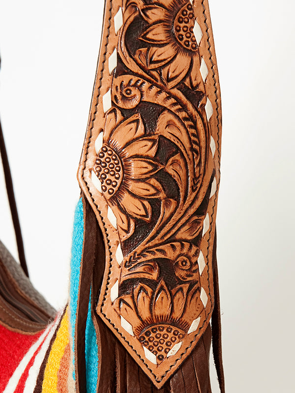 ADBGA212 American Darling Hand-Woven Saddle Blanket Hobo Bag Hand Tooled Leather Fringe