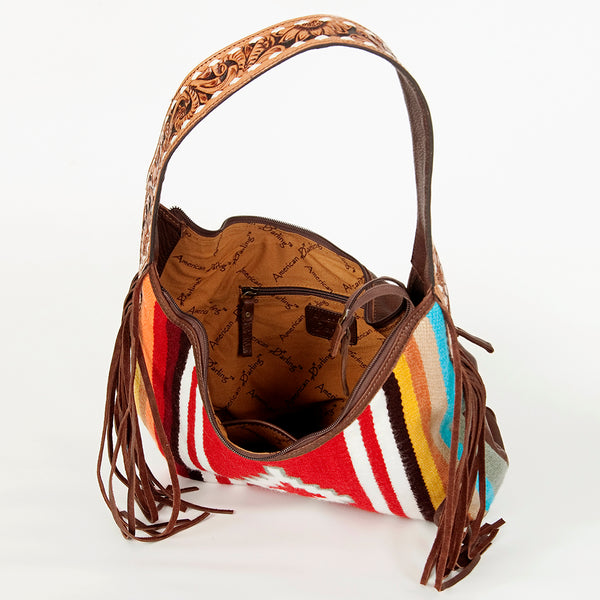 ADBGA212 American Darling Hand-Woven Saddle Blanket Hobo Bag Hand Tooled Leather Fringe