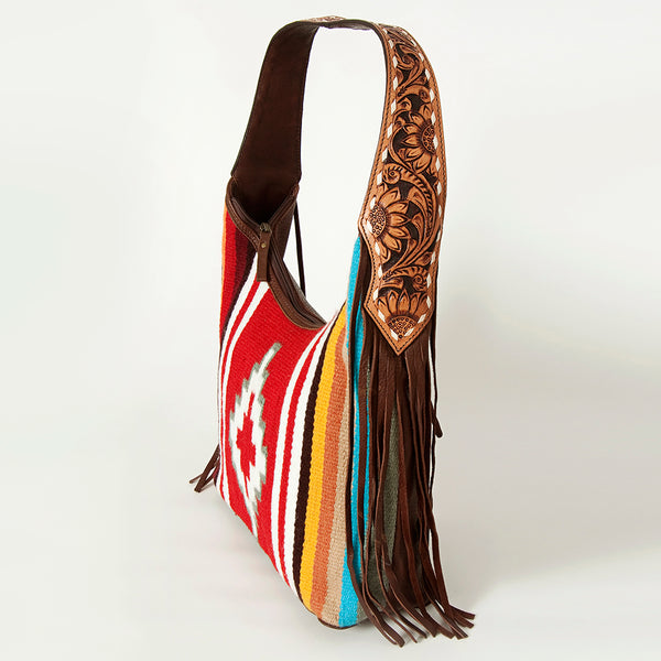 ADBGA212 American Darling Hand-Woven Saddle Blanket Hobo Bag Hand Tooled Leather Fringe