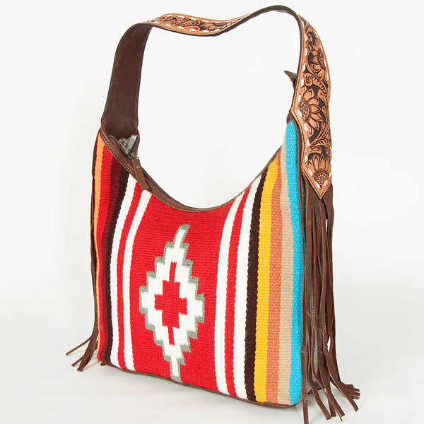 ADBGA212 American Darling Hand-Woven Saddle Blanket Hobo Bag Hand Tooled Leather Fringe
