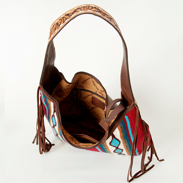 ADBGA212 American Darling Hand-Woven Saddle Blanket Hobo Bag Hand Tooled Leather Fringe