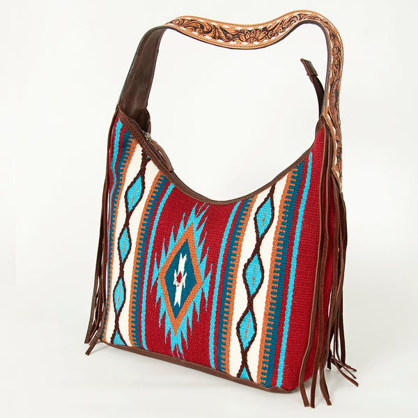 ADBGA212 American Darling Hand-Woven Saddle Blanket Hobo Bag Hand Tooled Leather Fringe