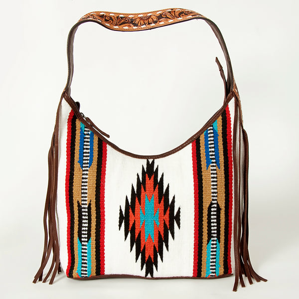 ADBGA212 American Darling Hand-Woven Saddle Blanket Hobo Bag Hand Tooled Leather Fringe