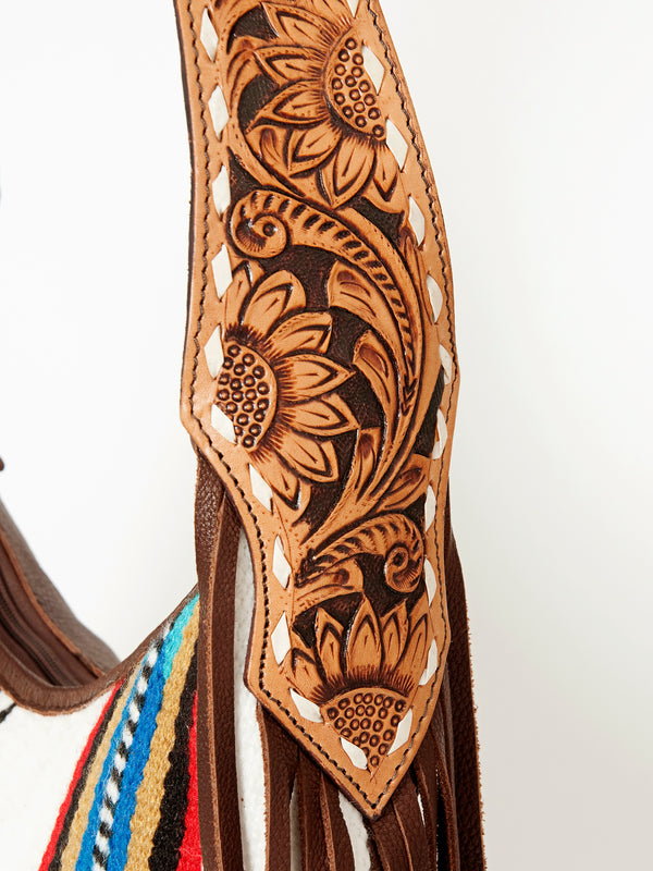 ADBGA212 American Darling Hand-Woven Saddle Blanket Hobo Bag Hand Tooled Leather Fringe