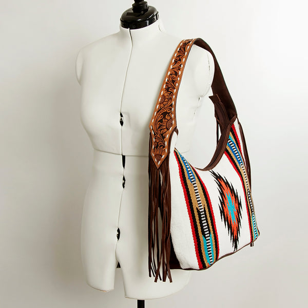 ADBGA212 American Darling Hand-Woven Saddle Blanket Hobo Bag Hand Tooled Leather Fringe