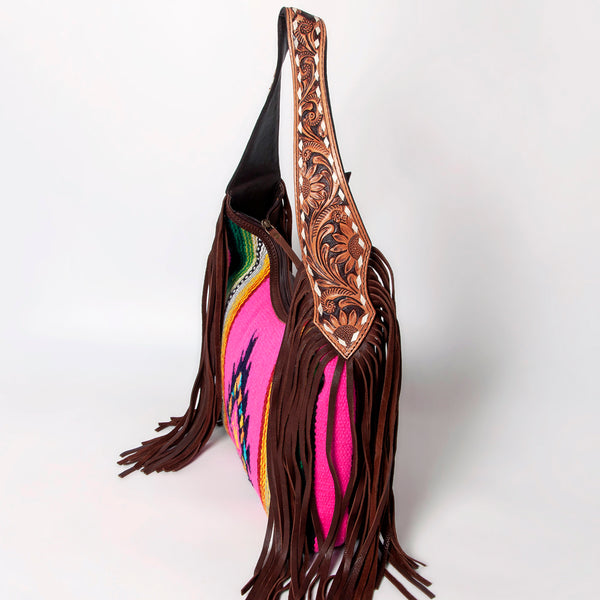 ADBGA212 American Darling Hand-Woven Saddle Blanket Hobo Bag Hand Tooled Leather Fringe