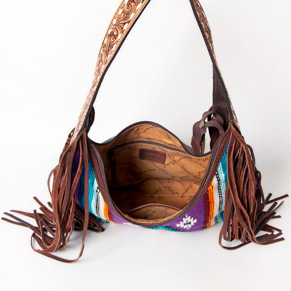 ADBGA212 American Darling Hand-Woven Saddle Blanket Hobo Bag Hand Tooled Leather Fringe