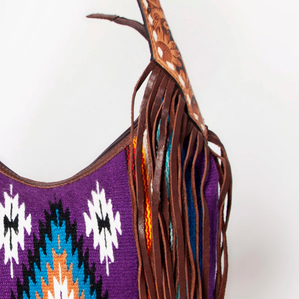 ADBGA212 American Darling Hand-Woven Saddle Blanket Hobo Bag Hand Tooled Leather Fringe
