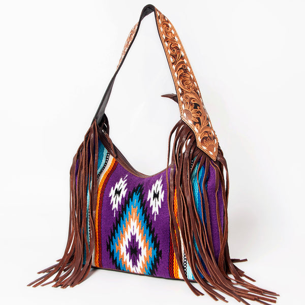 ADBGA212 American Darling Hand-Woven Saddle Blanket Hobo Bag Hand Tooled Leather Fringe