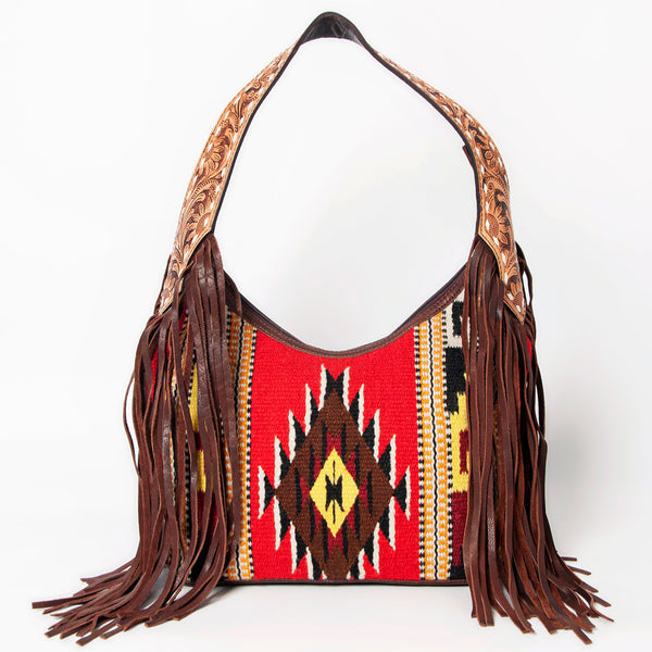 ADBGA212 American Darling Hand-Woven Saddle Blanket Hobo Bag Hand Tooled Leather Fringe