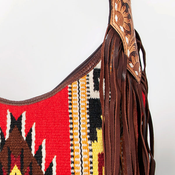 ADBGA212 American Darling Hand-Woven Saddle Blanket Hobo Bag Hand Tooled Leather Fringe