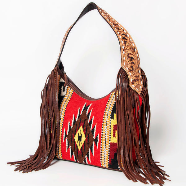 ADBGA212 American Darling Hand-Woven Saddle Blanket Hobo Bag Hand Tooled Leather Fringe