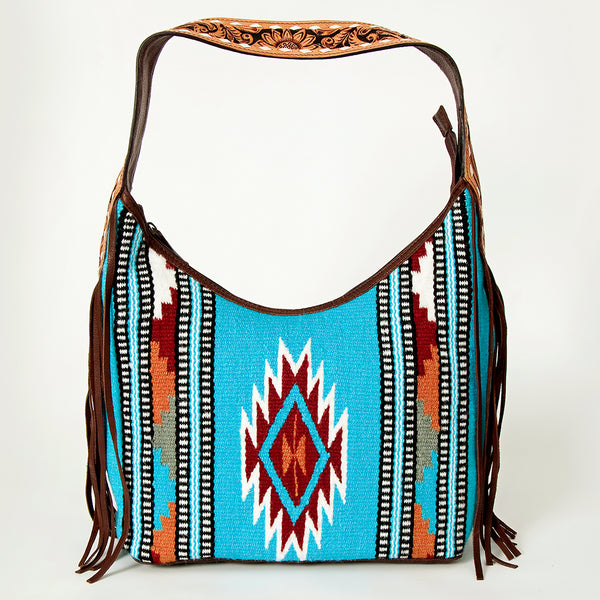 ADBGA212 American Darling Hand-Woven Saddle Blanket Hobo Bag Hand Tooled Leather Fringe