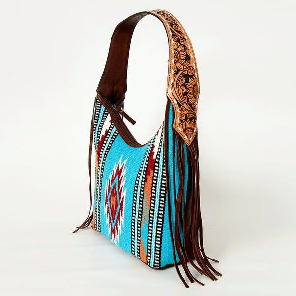 ADBGA212 American Darling Hand-Woven Saddle Blanket Hobo Bag Hand Tooled Leather Fringe