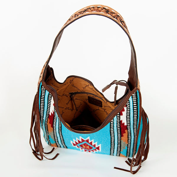ADBGA212 American Darling Hand-Woven Saddle Blanket Hobo Bag Hand Tooled Leather Fringe