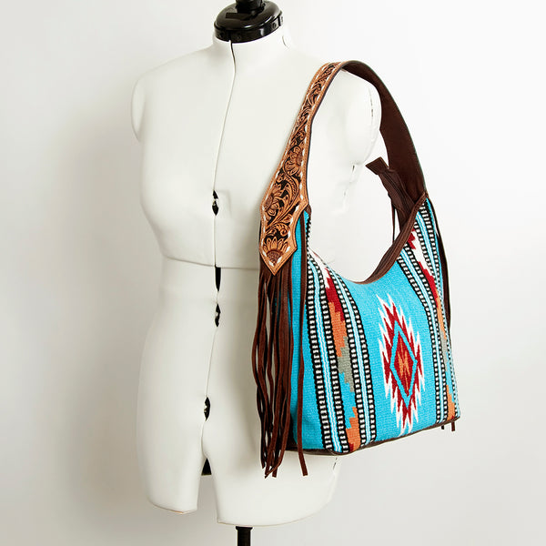 ADBGA212 American Darling Hand-Woven Saddle Blanket Hobo Bag Hand Tooled Leather Fringe