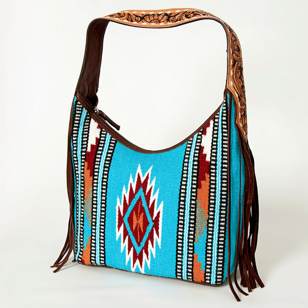 ADBGA212 American Darling Hand-Woven Saddle Blanket Hobo Bag Hand Tooled Leather Fringe