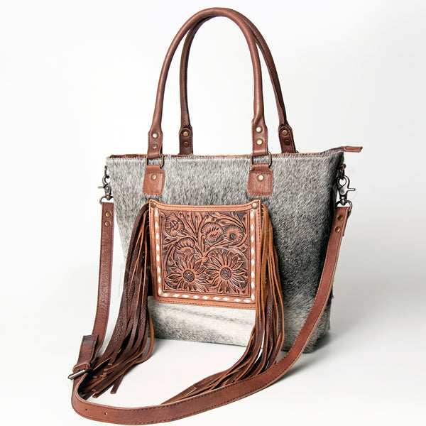 ADBG662 American Darling Hand Tooled Floral & Hair-On Cowhide Western Leather Tote Bag with Fringes