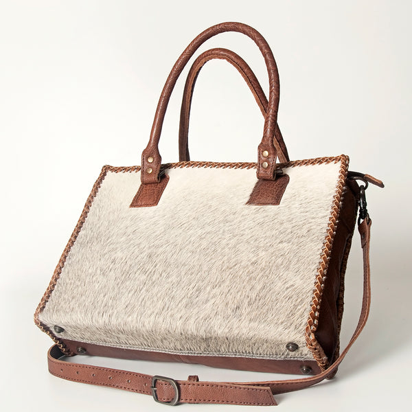 ADBGS118 Western Cowhide Tote -Hair-On Leather Bag with Braided Whipstitch & Strap