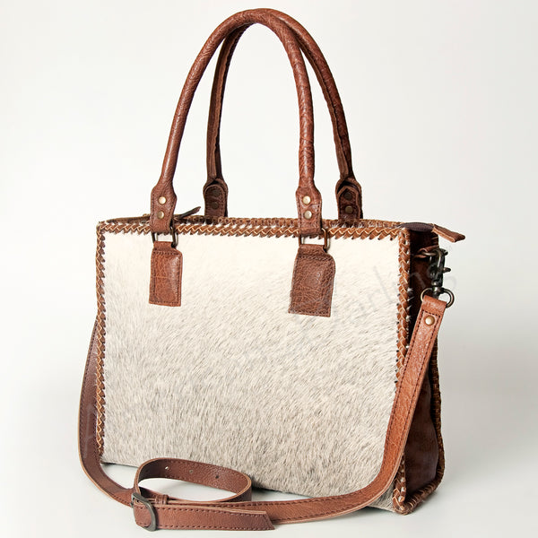ADBGS118 Western Cowhide Tote -Hair-On Leather Bag with Braided Whipstitch & Strap