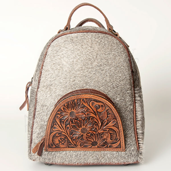 ADBGS156 Genuine Cowhide Leather Backpack with Hand-Tooled Floral Patch - Western Rodeo Style