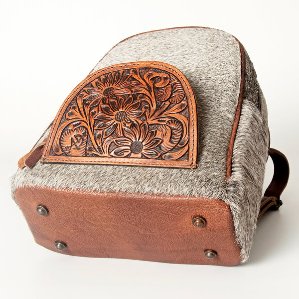 ADBGS156 Genuine Cowhide Leather Backpack with Hand-Tooled Floral Patch - Western Rodeo Style