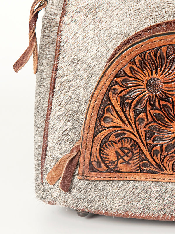ADBGS156 Genuine Cowhide Leather Backpack with Hand-Tooled Floral Patch - Western Rodeo Style