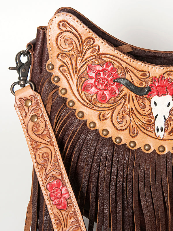 ADBG523 American Darling Hand Tooled Floral Leather Crossbody Bag with Fringes