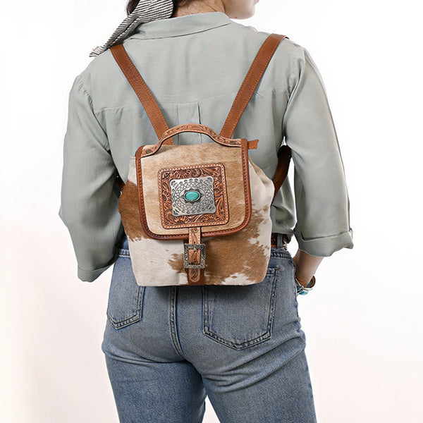 ADBG620 American Darling Hair-On Cowhide Western Leather Backpack Bag with Hand Tooled Detailing