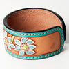 LC-ADBRF158 Turquoise Cactus & Flower Hand Tooled Leather Cuff Bracelet - Western Boho Style