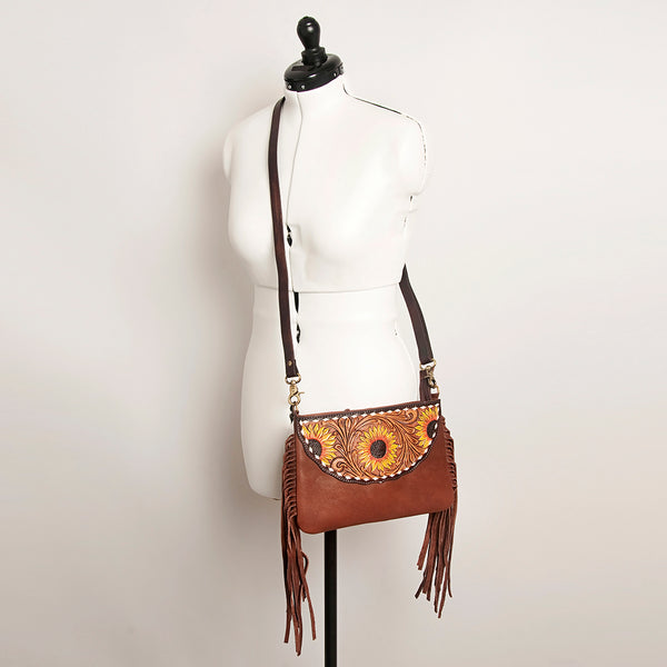 ADBGA156 American Darling Tooled Leather Crossbody with Fringe Western Brown Shoulder Bag