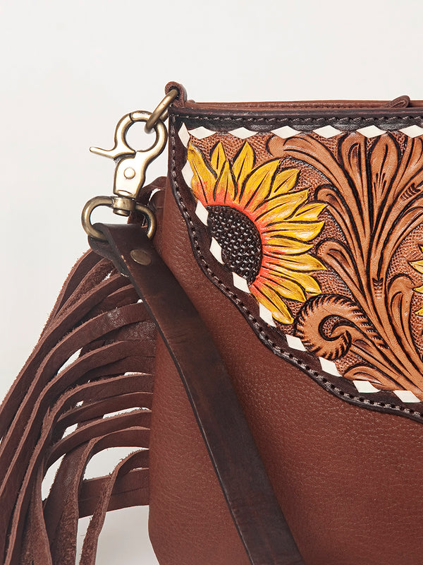 ADBGA156 American Darling Tooled Leather Crossbody with Fringe Western Brown Shoulder Bag