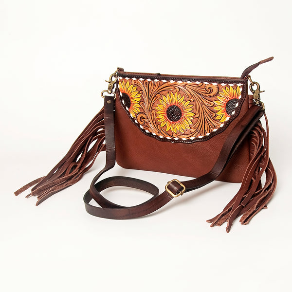 ADBGA156 American Darling Tooled Leather Crossbody with Fringe Western Brown Shoulder Bag