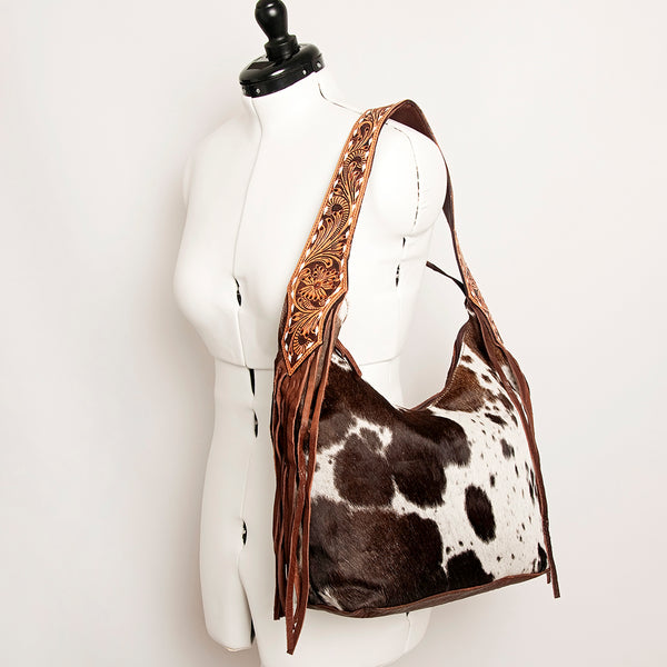 ADBGA214 American Darling Cowhide & Tooled Leather Fringe Hobo Shoulder Handbag