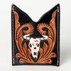 ADCCF107 Hand-Tooled Leather Card Holder - Western Bull Skull & Floral Design