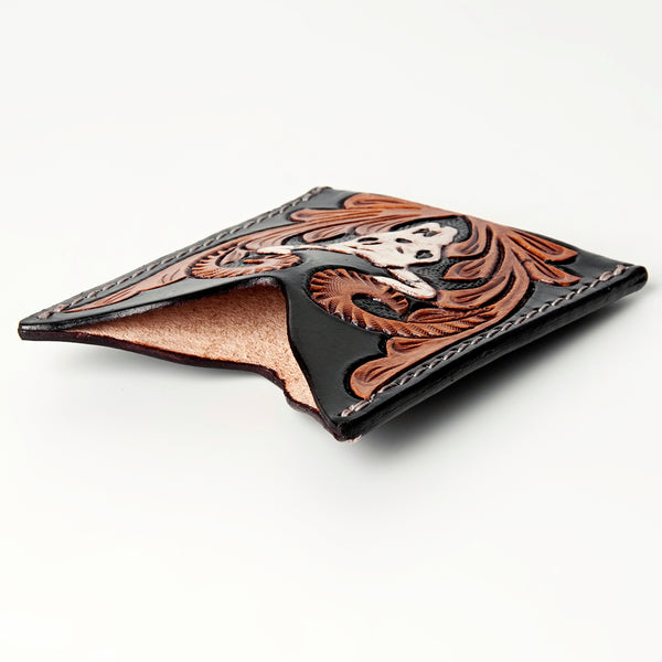 ADCCF107 Hand-Tooled Leather Card Holder - Western Bull Skull & Floral Design