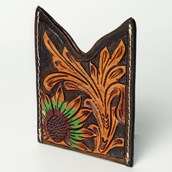 ADCCF108 Hand-Tooled Leather Card Holder - Sunflower & Western Floral Design