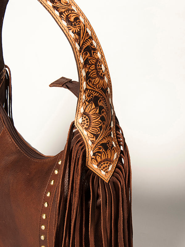 ADBGA217 American Darling Genuine Leather Floral Carved Hand Tooled Fringe Hobo Bag