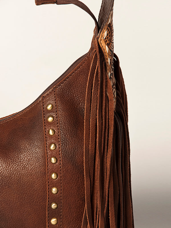 ADBGA217 American Darling Genuine Leather Floral Carved Hand Tooled Fringe Hobo Bag