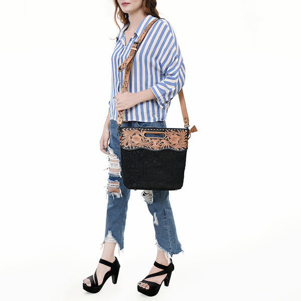 LC-ADBGS145 Tooled Leather & Embossed Black Western Clutch - Convertible Bag with Strap and Handle