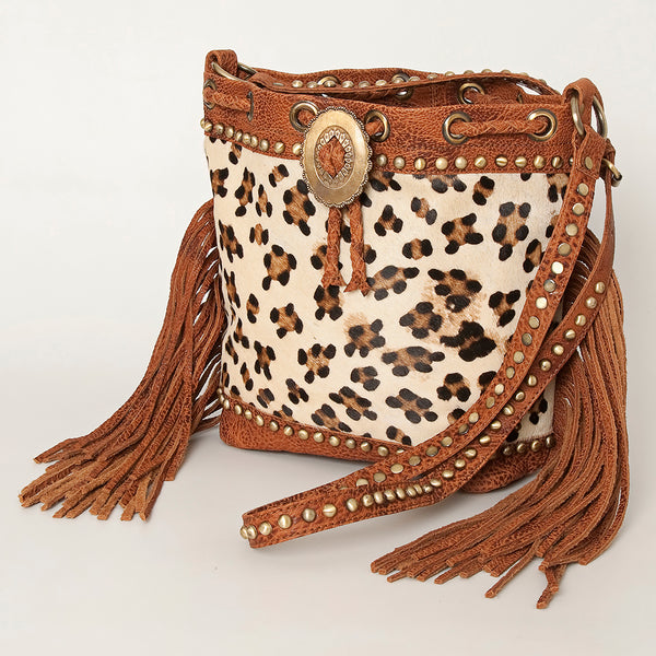 ADBGI102 Studded Leather Fringe Crossbody Bucket Bag - Western Cowhide Style